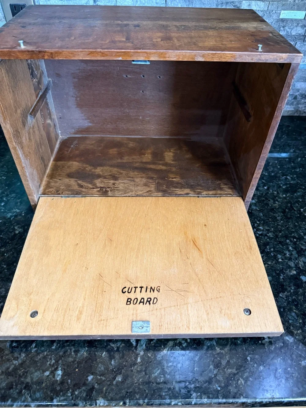 Vintage Japan Granny Core Eagle Emblem Wood Bread Box w Cutting Board Door
